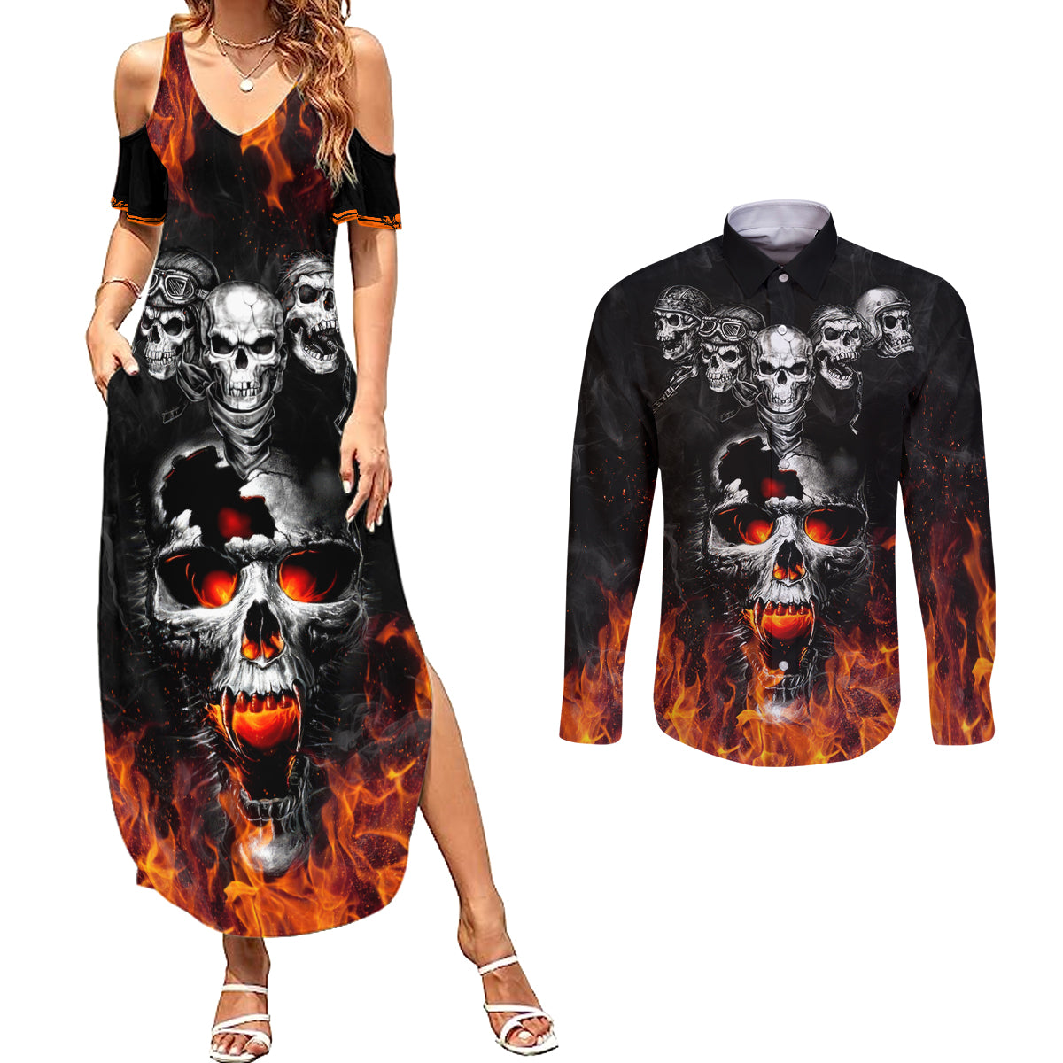 Flaming Skull Hoodie Couples Matching Summer Maxi Dress and Long Sleeve Button Shirts Spectral Pyre - Wonder Print Shop