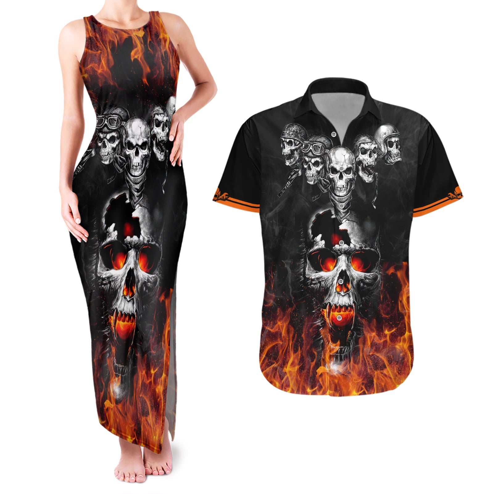 Flaming Skull Hoodie Couples Matching Tank Maxi Dress And Hawaiian Shirt Spectral Pyre - Wonder Print Shop