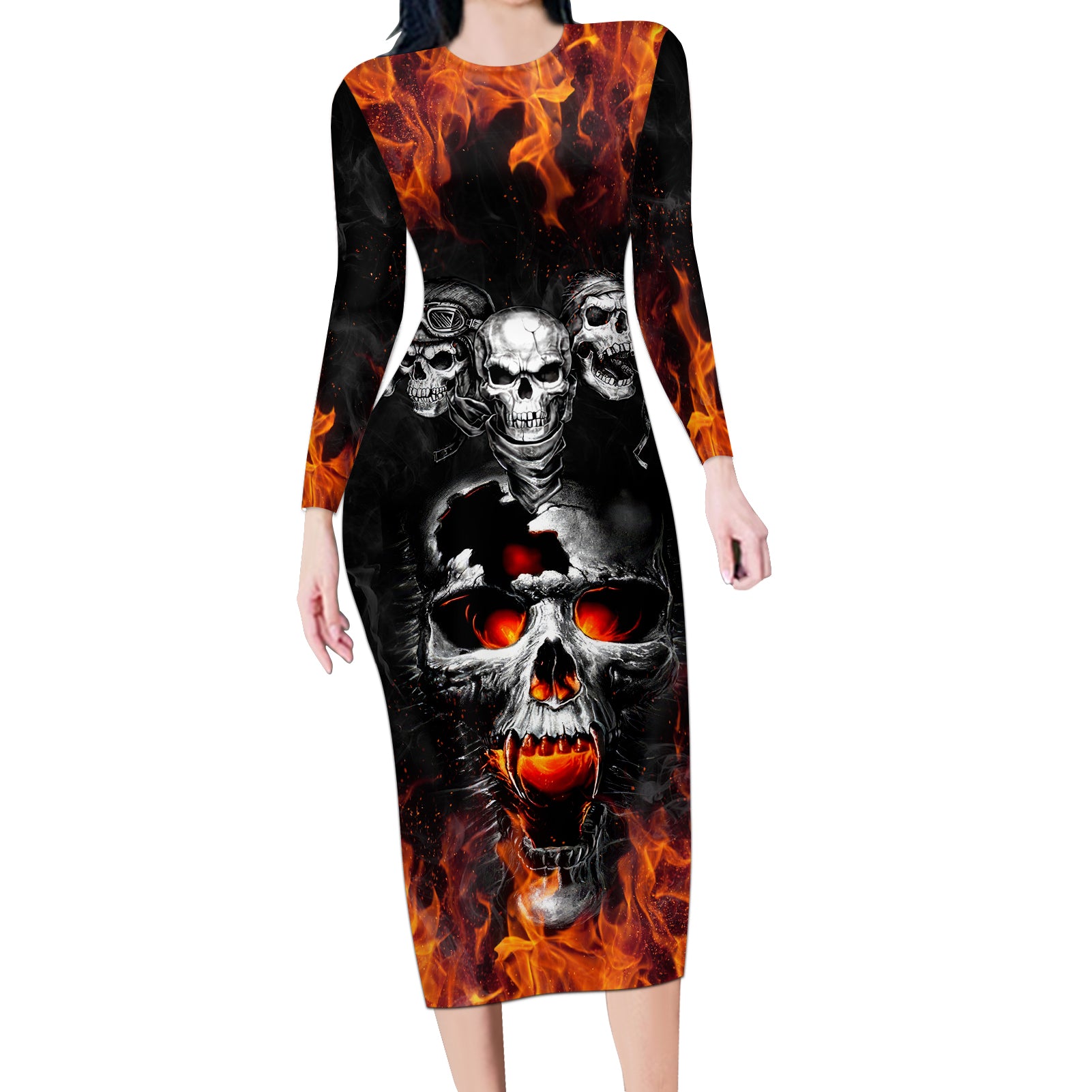 Flaming Skull Hoodie Long Sleeve Bodycon Dress Spectral Pyre - Wonder Print Shop