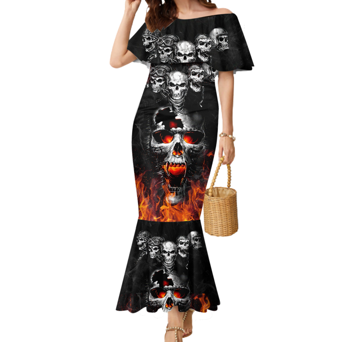 Flaming Skull Hoodie Mermaid Dress Spectral Pyre - Wonder Print Shop