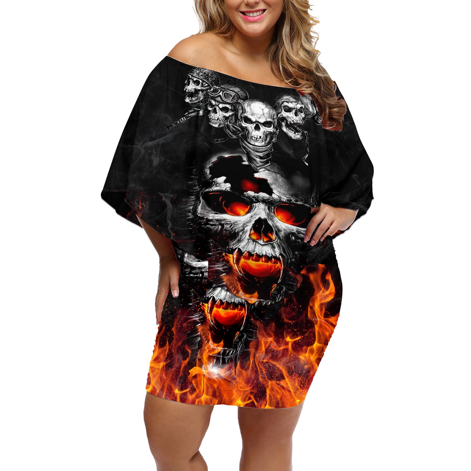 Flaming Skull Hoodie Off Shoulder Short Dress Spectral Pyre - Wonder Print Shop