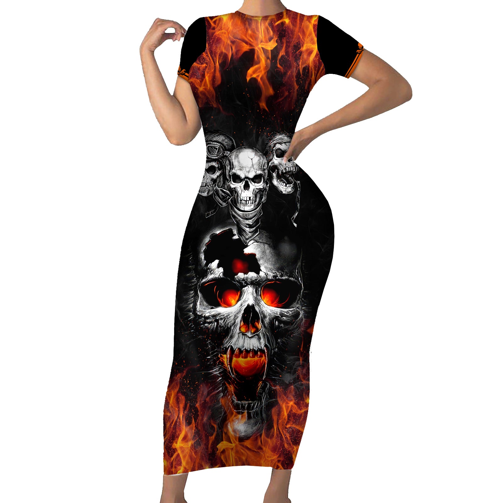 Flaming Skull Hoodie Short Sleeve Bodycon Dress Spectral Pyre DT01