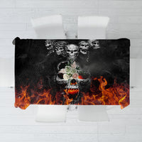 Black tablecloth with skull and flaming artwork, rectangular drop