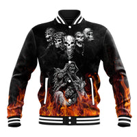Black baseball jacket with skull and flames graphic, front view, snap button