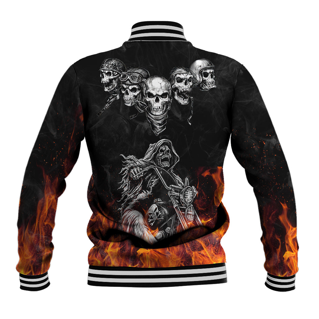 Black baseball jacket with skulls and flames graphic, back view, striped rib trim