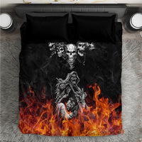 Black bedding set with skull artwork, biker skeleton, and orange flames; 2 pillowcases