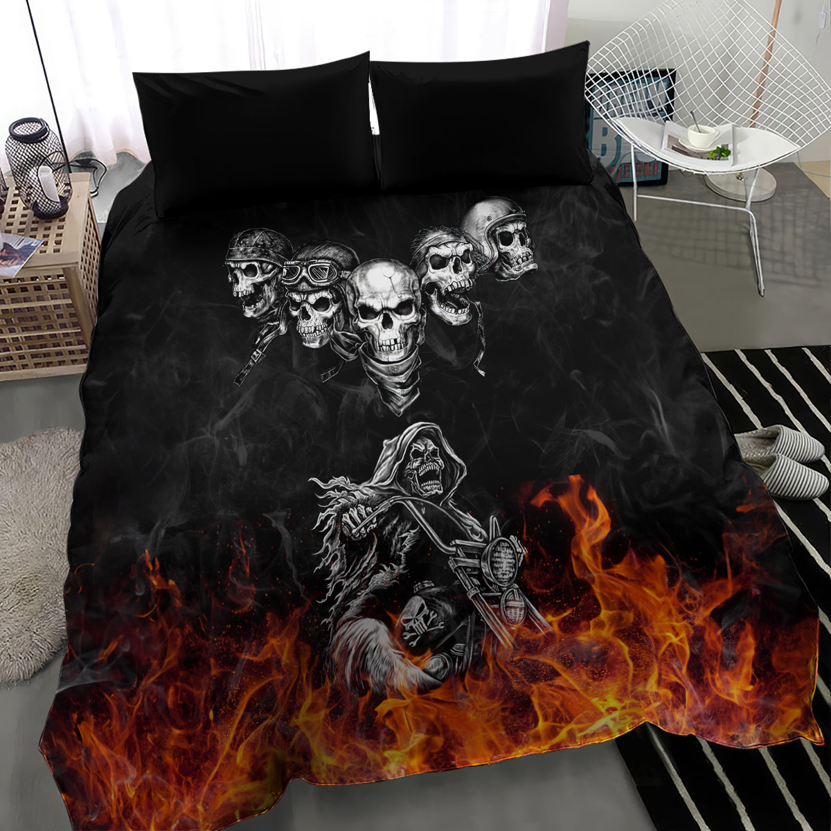 Black bedding set featuring skull crew and biker skeleton in orange flames