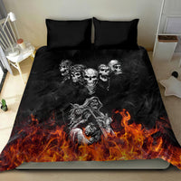 Black bedding set with large skull graphic, biker skeleton, and orange flames