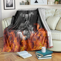 Black skull and motorcycle blanket with flames, shown with light gray reverse backing