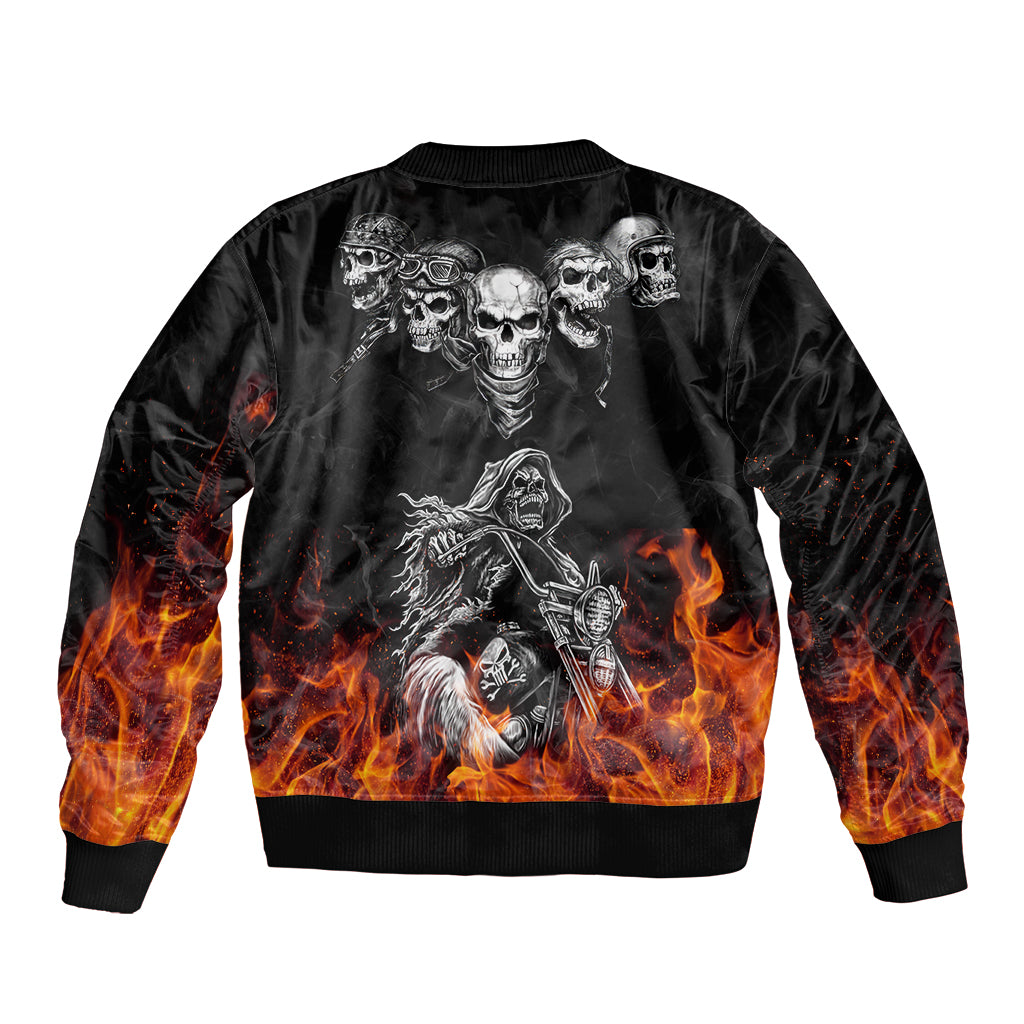 Unisex black bomber jacket with back skull biker illustration and orange flame sleeves, zip-up