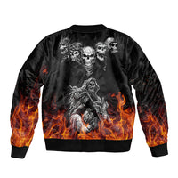 Unisex black bomber jacket with back skull biker illustration and orange flame sleeves, zip-up