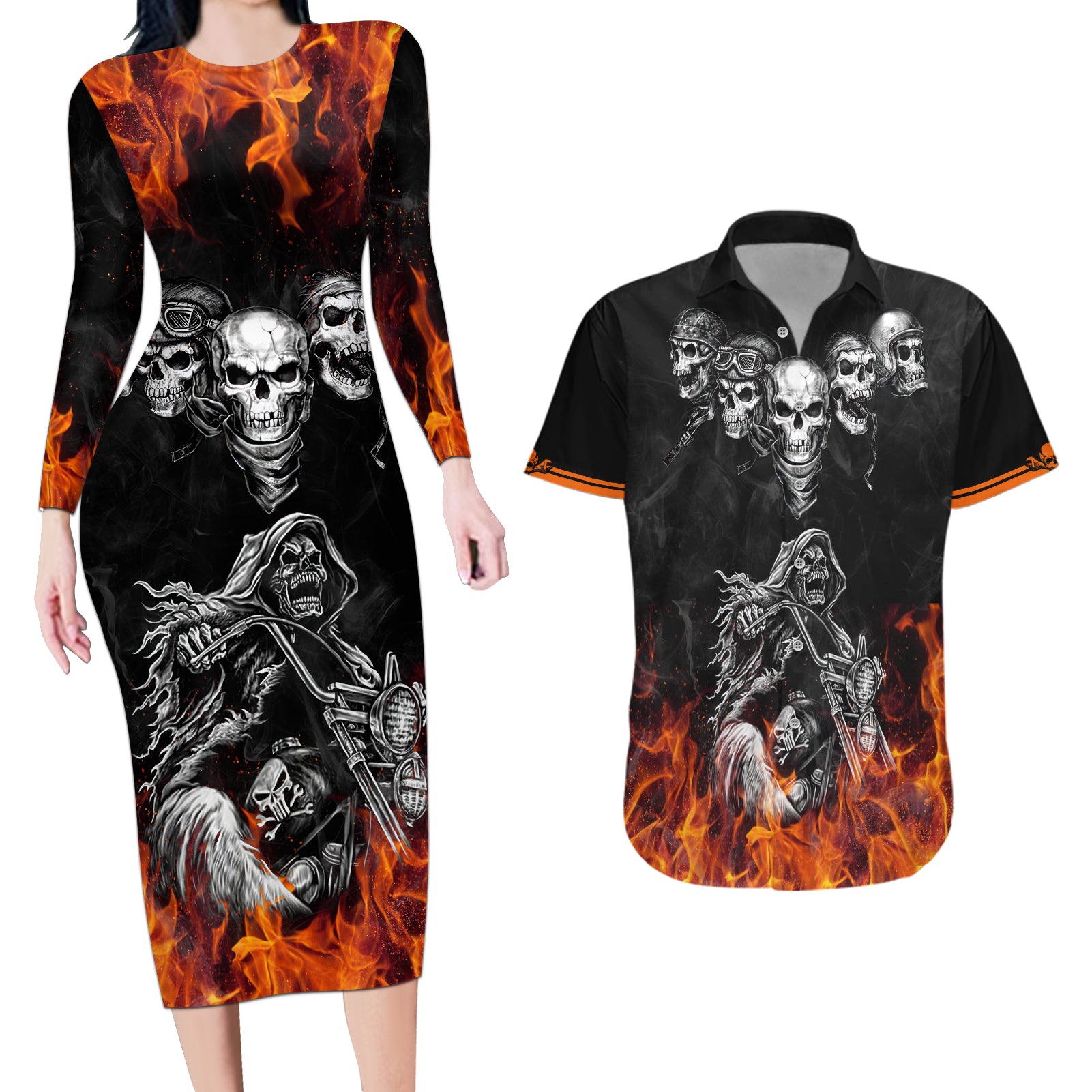 Skull Couples Matching Long Sleeve Bodycon Dress and Hawaiian Shirt Five Skull With Motocycle - Wonder Print Shop