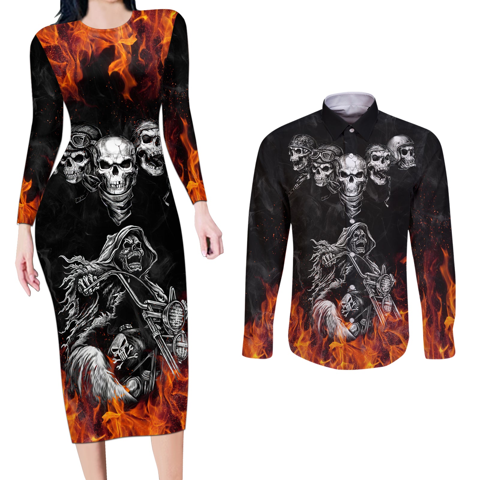 Skull Couples Matching Long Sleeve Bodycon Dress and Long Sleeve Button Shirts Five Skull With Motocycle - Wonder Print Shop