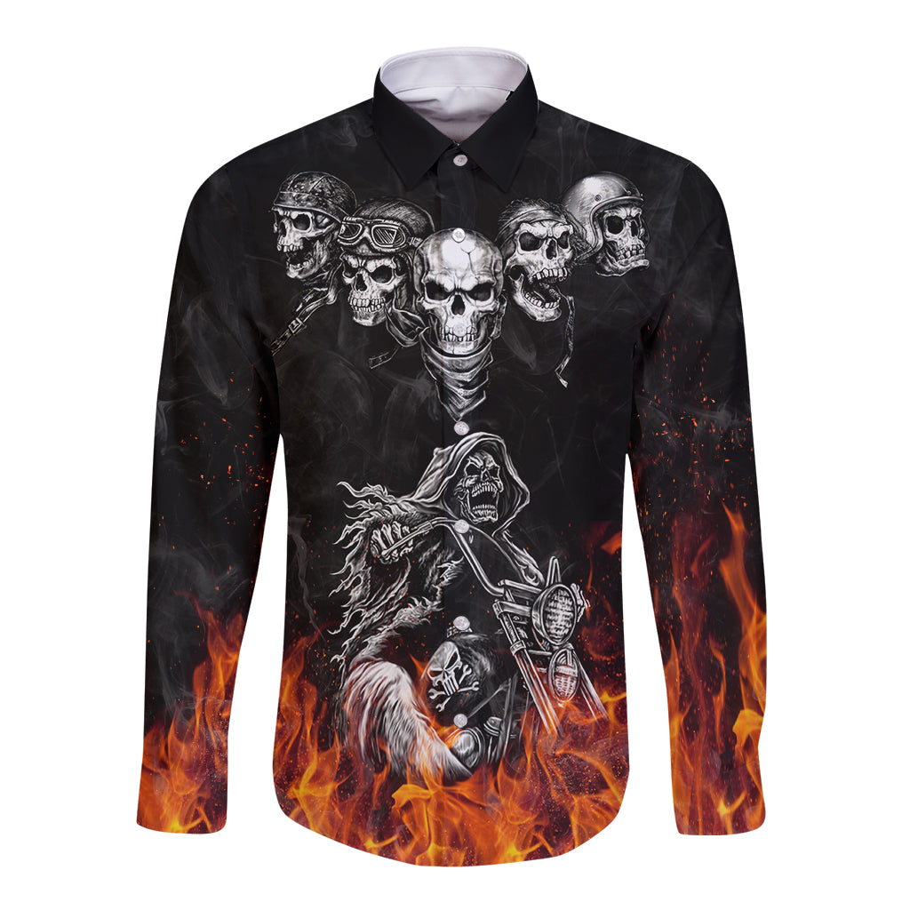 Black long sleeve button shirt with skull trio graphic and flaming lower sleeves