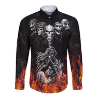 Black long sleeve button shirt with skull trio graphic and flaming lower sleeves