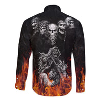 Black long sleeve button shirt back with four skulls, skeleton rider and flaming sides