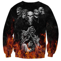 Black crewneck sweatshirt with skull artwork, flames at lower body and sleeves