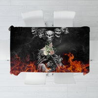 Black skull and motorcycle tablecloth with flames border, centered skeleton artwork
