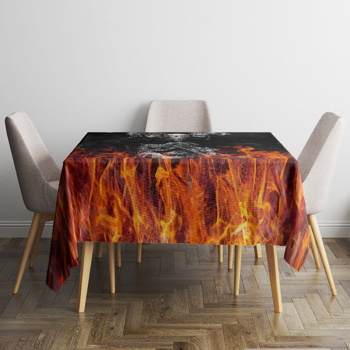 Black flame-pattern tablecloth on square dining table with hanging corners