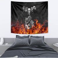 Black skull wall tapestry with five skulls above a flaming motorcycle rider illustration