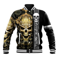 Black baseball jacket with gold skull front, striped ribbed collar and cuffs, snap buttons