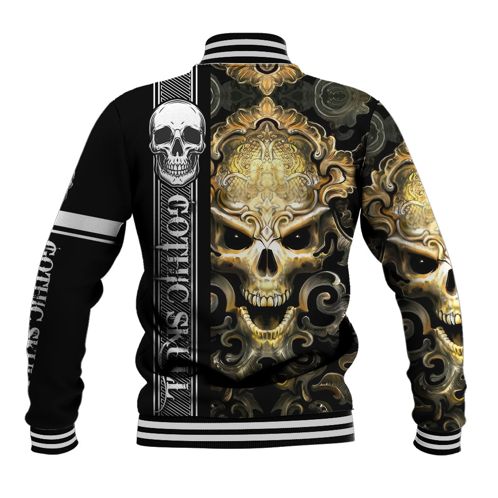 Black baseball jacket with gold skull back graphic and vertical gothic text stripe, ribbed cuffs
