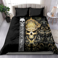 Black duvet cover with gold skull medallion and striped panel, plus two pillowcases