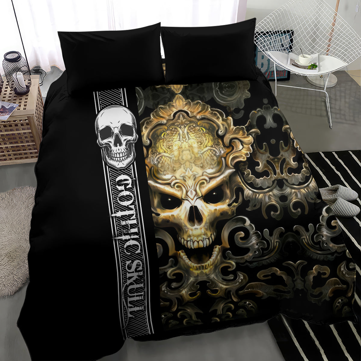 Black duvet cover with large skull artwork and gold filigree, with two pillowcases