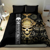 Black duvet cover and pillowcases with gold skull, baroque scrolls, and central crest