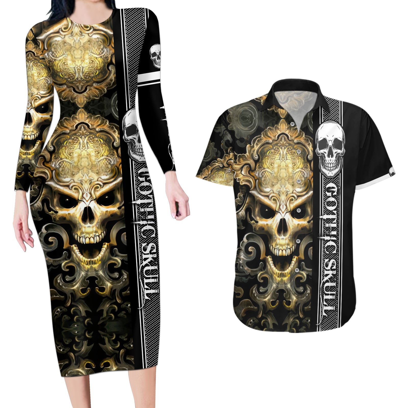 Golden Gothic Skull Couples Matching Long Sleeve Bodycon Dress and Hawaiian Shirt Embracing Ancient Elegance - Wonder Print Shop