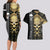 Golden Gothic Skull Couples Matching Long Sleeve Bodycon Dress and Hawaiian Shirt Embracing Ancient Elegance - Wonder Print Shop