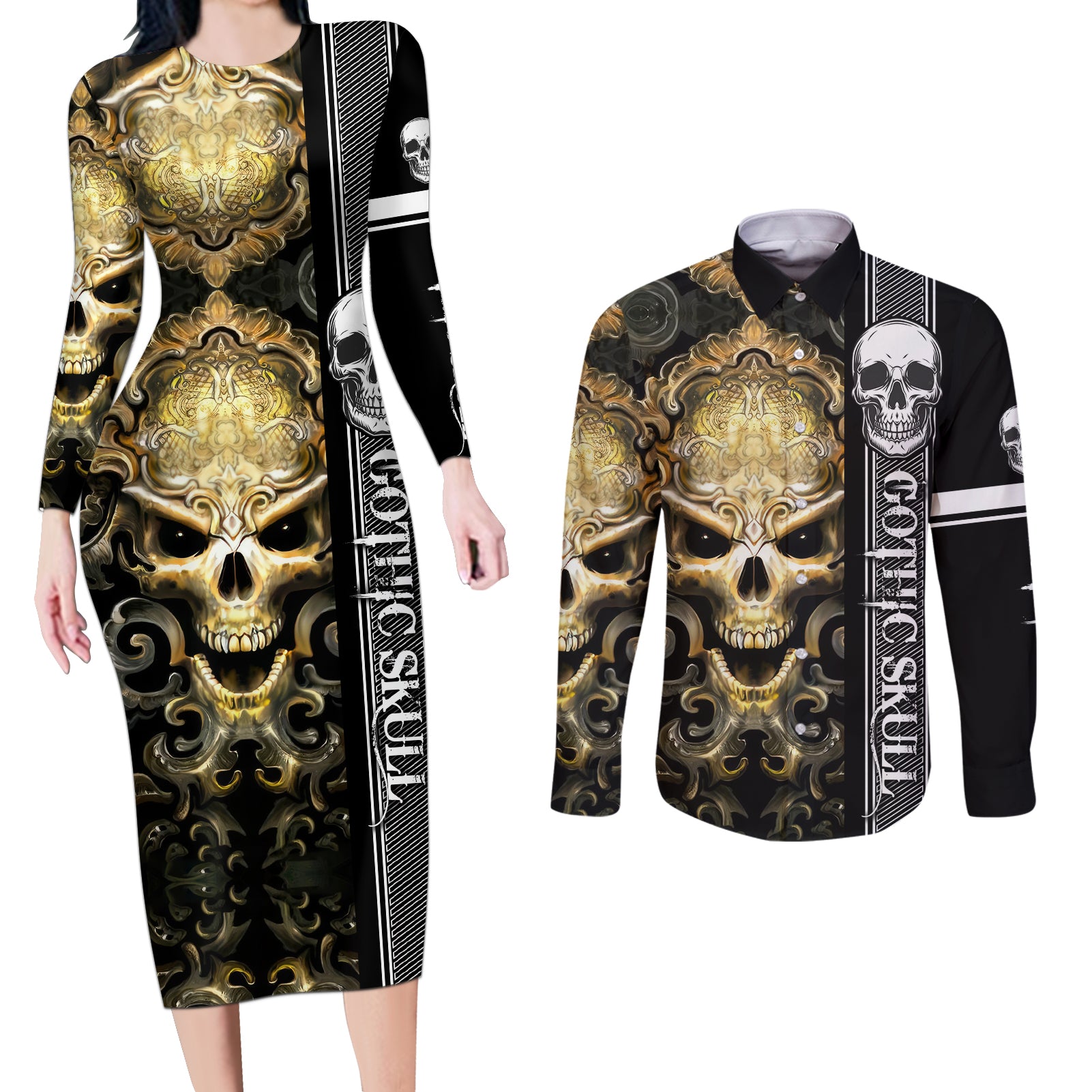 Golden Gothic Skull Couples Matching Long Sleeve Bodycon Dress and Long Sleeve Button Shirts Embracing Ancient Elegance - Wonder Print Shop