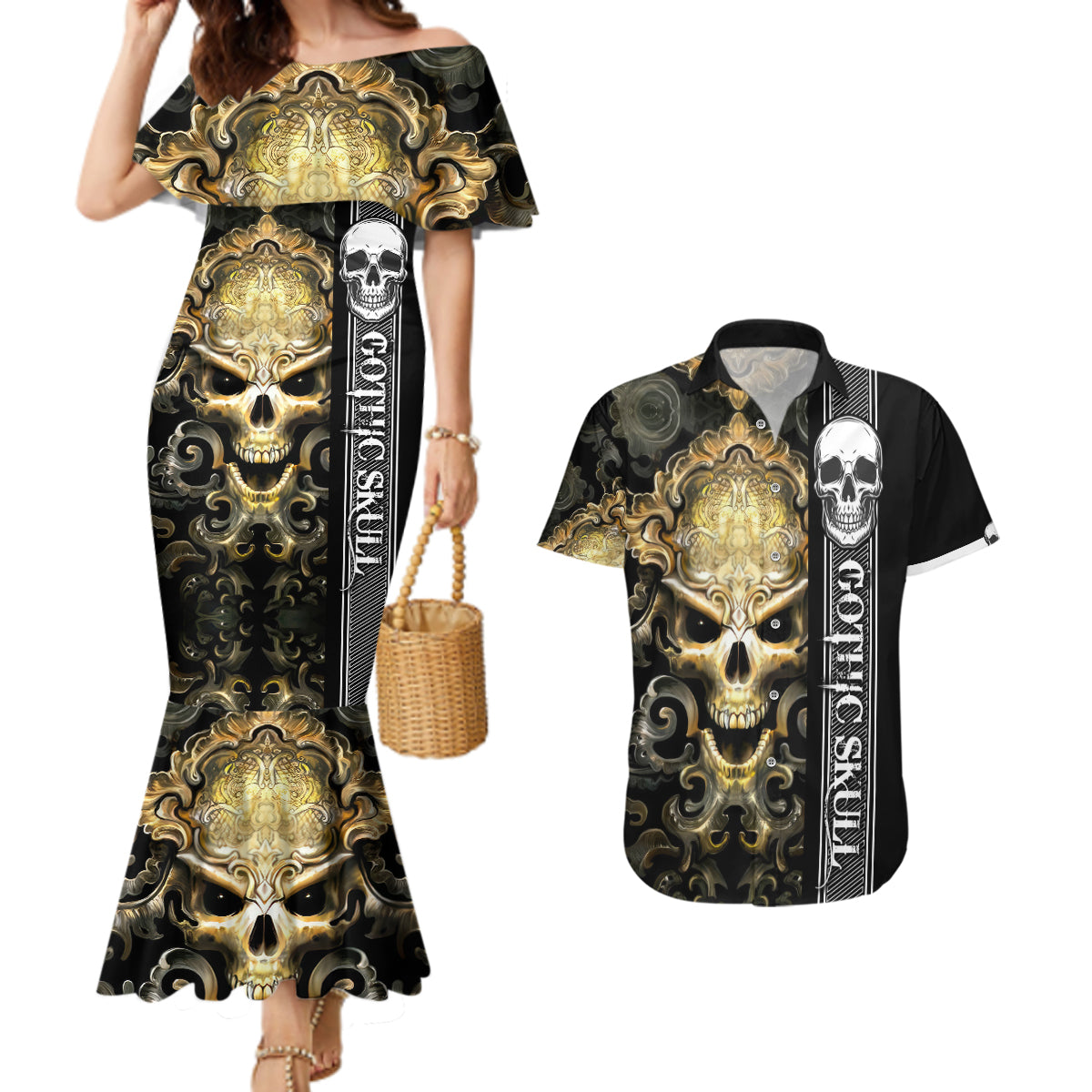 Golden Gothic Skull Couples Matching Mermaid Dress And Hawaiian Shirt Embracing Ancient Elegance - Wonder Print Shop