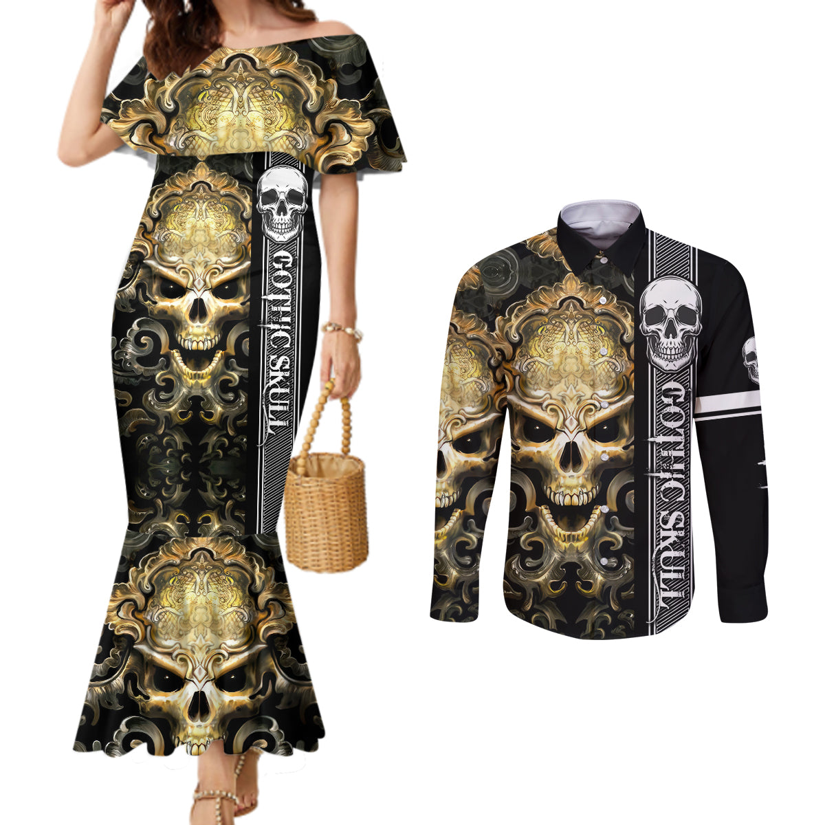 Golden Gothic Skull Couples Matching Mermaid Dress and Long Sleeve Button Shirts Embracing Ancient Elegance DT01