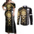 Golden Gothic Skull Couples Matching Off Shoulder Maxi Dress and Long Sleeve Button Shirts Embracing Ancient Elegance - Wonder Print Shop