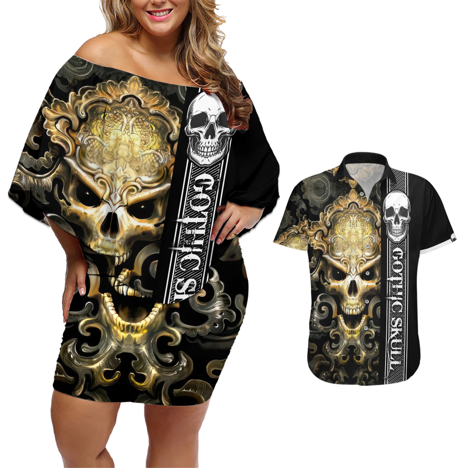 Golden Gothic Skull Couples Matching Off Shoulder Short Dress and Hawaiian Shirt Embracing Ancient Elegance - Wonder Print Shop