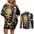 Golden Gothic Skull Couples Matching Off Shoulder Short Dress and Long Sleeve Button Shirts Embracing Ancient Elegance - Wonder Print Shop