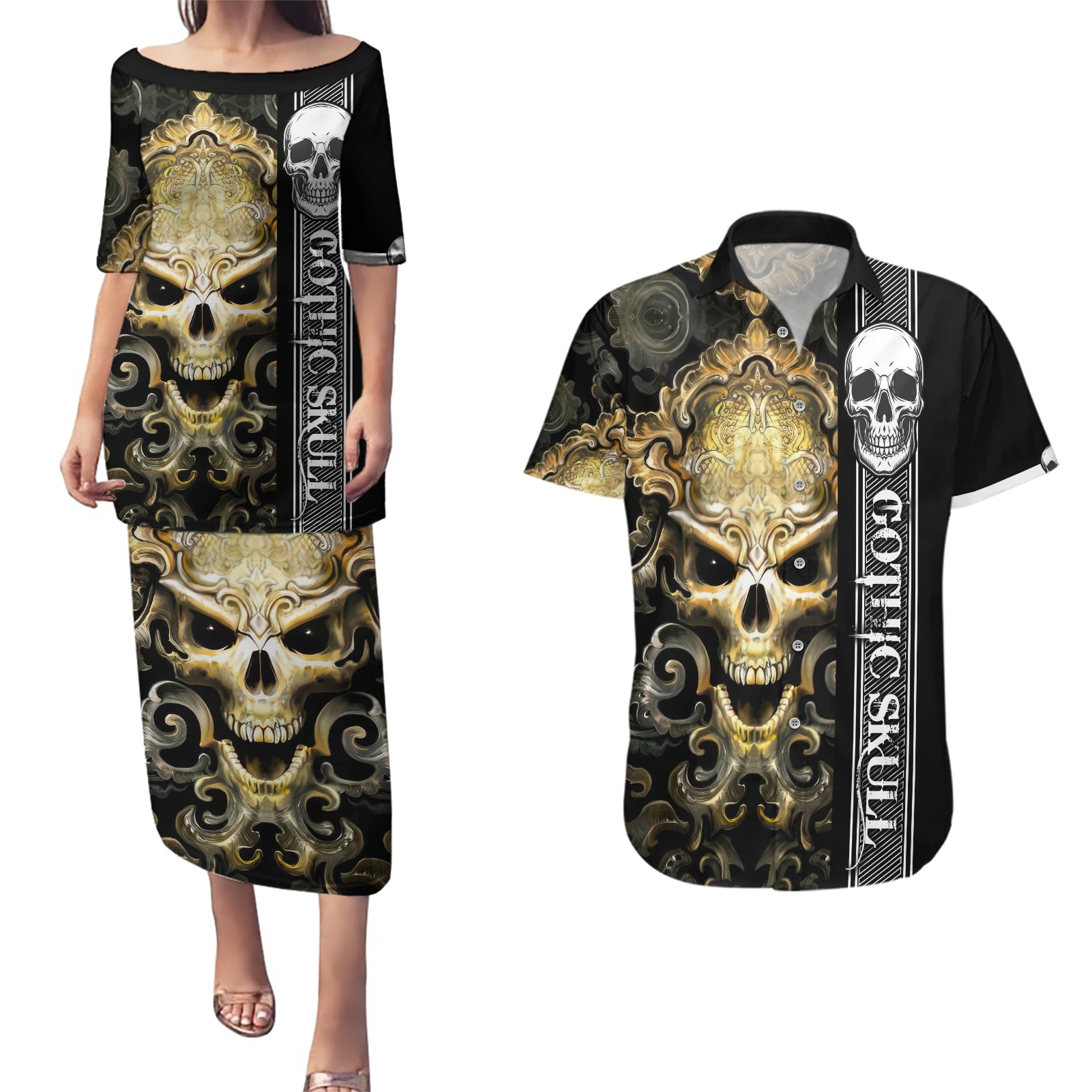 Golden Gothic Skull Couples Matching Puletasi Dress and Hawaiian Shirt Embracing Ancient Elegance - Wonder Print Shop