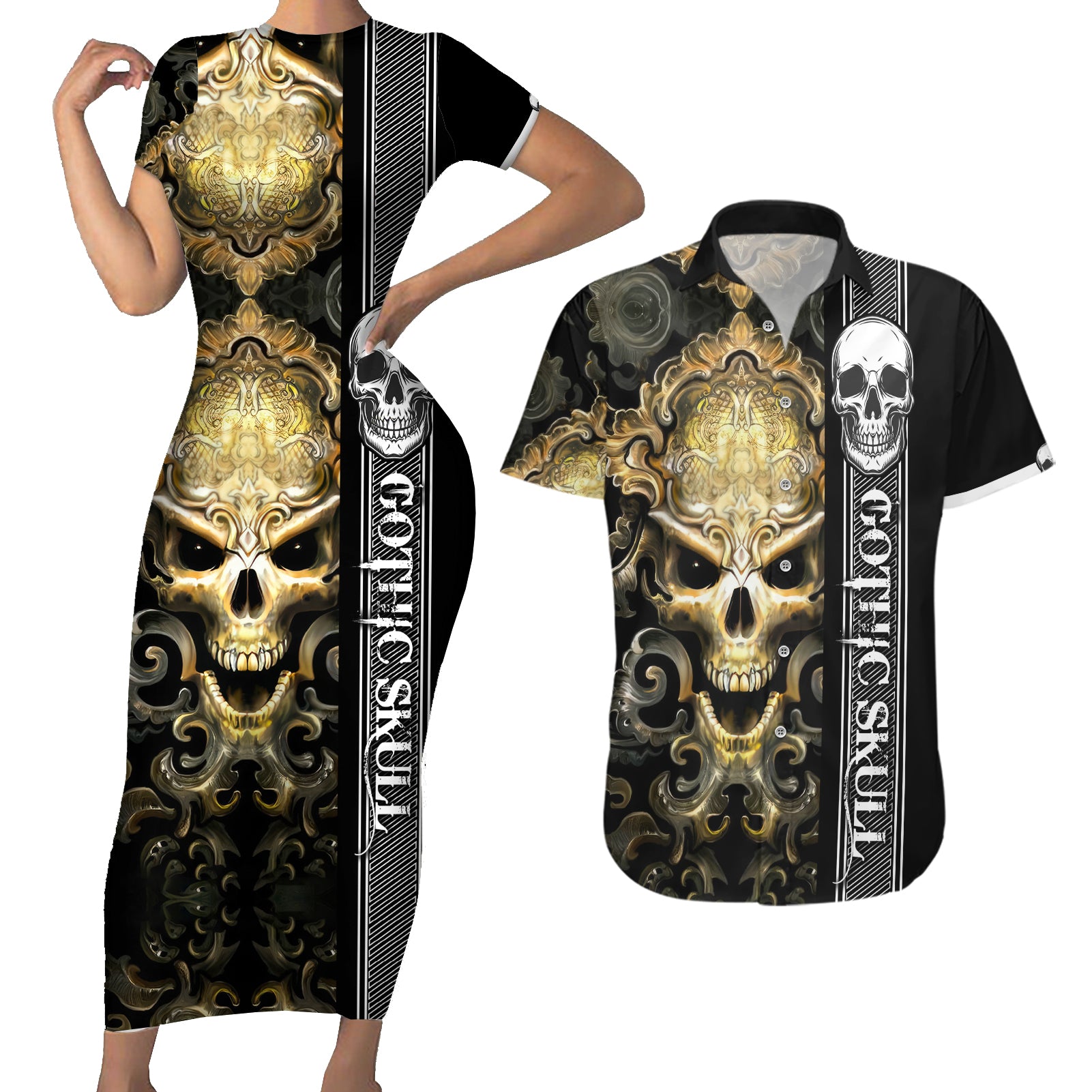 Golden Gothic Skull Couples Matching Short Sleeve Bodycon Dress and Hawaiian Shirt Embracing Ancient Elegance - Wonder Print Shop