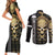 Golden Gothic Skull Couples Matching Short Sleeve Bodycon Dress and Long Sleeve Button Shirts Embracing Ancient Elegance - Wonder Print Shop