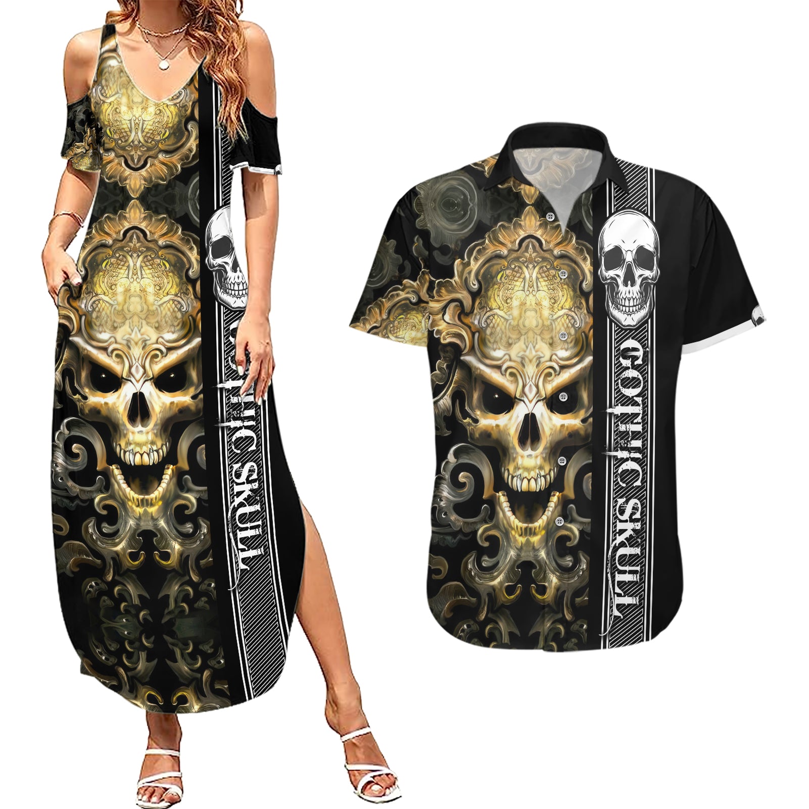 Golden Gothic Skull Couples Matching Summer Maxi Dress and Hawaiian Shirt Embracing Ancient Elegance - Wonder Print Shop