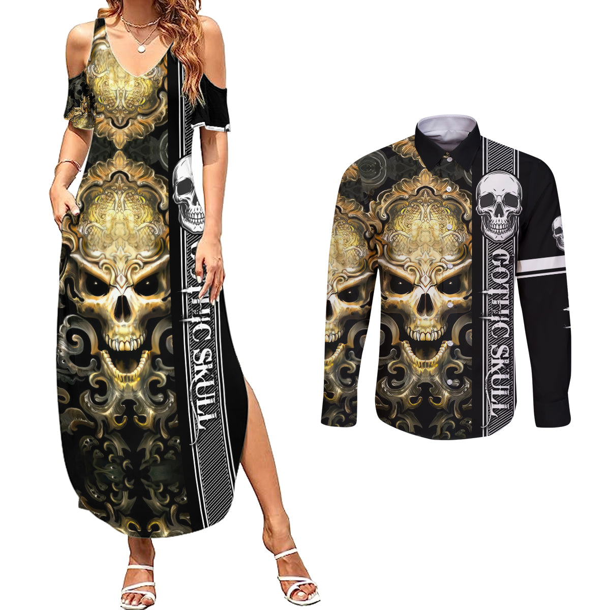 Golden Gothic Skull Couples Matching Summer Maxi Dress and Long Sleeve Button Shirts Embracing Ancient Elegance - Wonder Print Shop