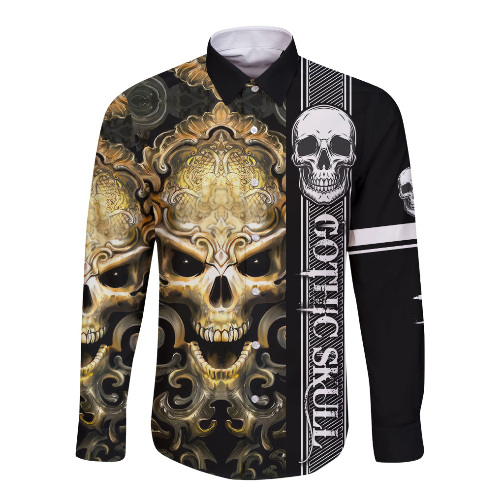 Black long sleeve button shirt with gold skull and ornate gothic artwork