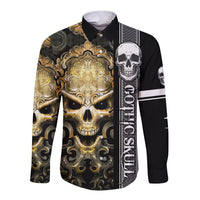 Black long sleeve button shirt with gold skull and ornate gothic artwork