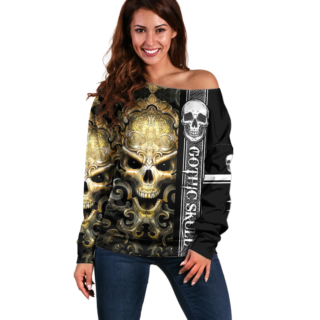 Golden Gothic Skull Off Shoulder Sweater Embracing Ancient Elegance - Wonder Print Shop