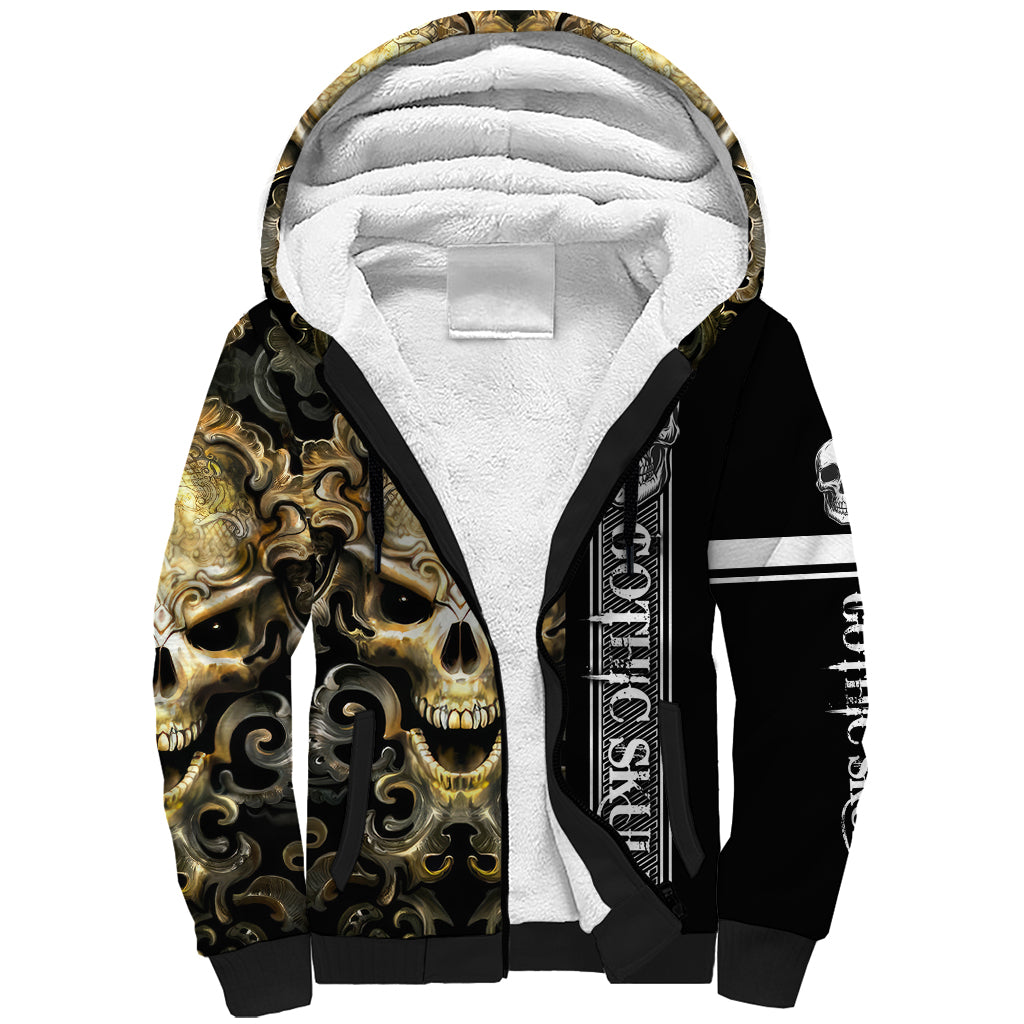 Golden Gothic Skull Sherpa Hoodie Embracing Ancient Elegance DT01