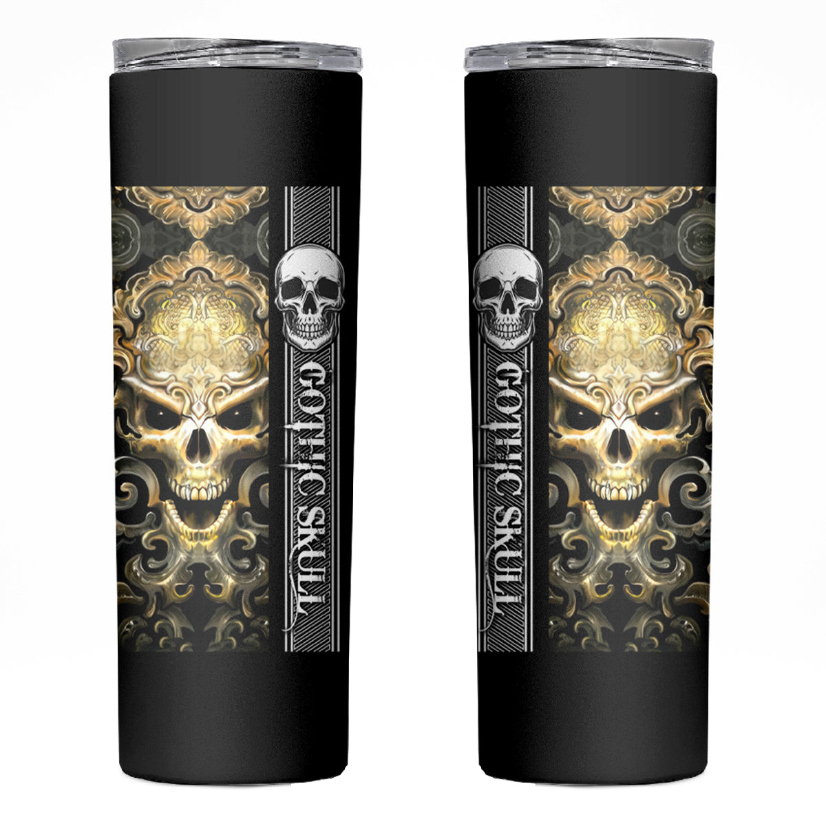 Golden Gothic Skull Skinny Tumbler Embracing Ancient Elegance