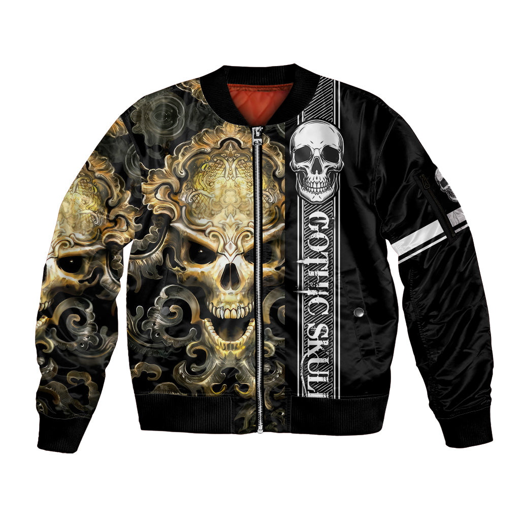 Golden Gothic Skull Sleeve Zip Bomber Jacket Embracing Ancient Elegance DT01