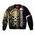 Golden Gothic Skull Sleeve Zip Bomber Jacket Embracing Ancient Elegance DT01