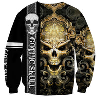 Unisex black sweatshirt with large gold skull face and vertical gothic text detail